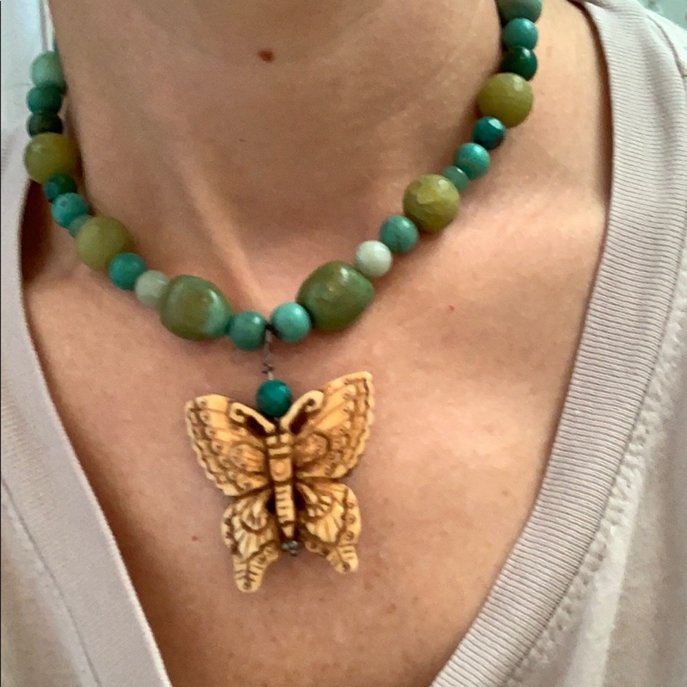 Real turquoise beaded necklace, butterfly charm